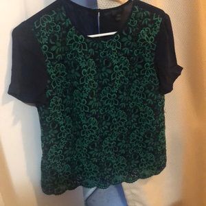 J crew silk embroidered blue and green blouse